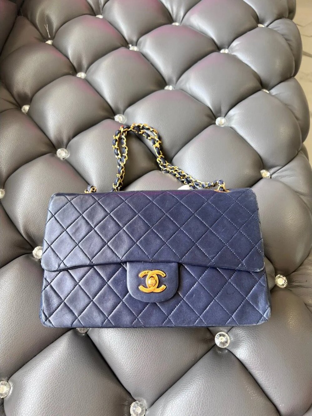 Chanel Navy Blue Quilted Timeless Classique Flap Bag Gold Hardware Vintage